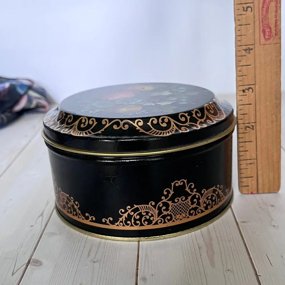 Vintage Lithograph Toleware Tin Faux Crackle Finish Floral Bouquet Gold Scrolls